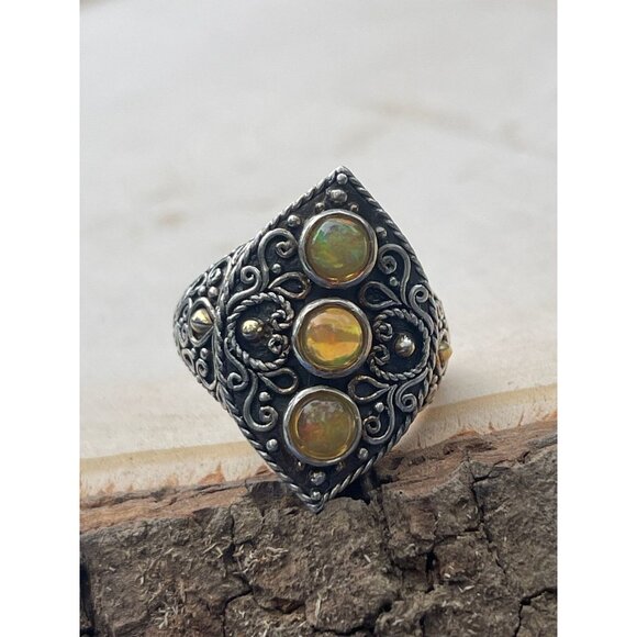 Vintage Fire Opal 18k Gold and Sterling Silver Ring - Size 9.5 - Picture 2 of 7